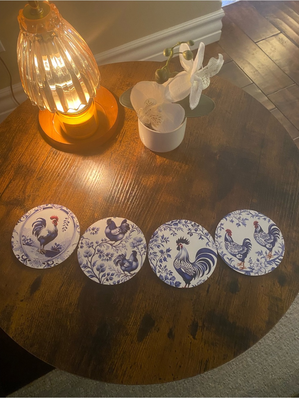 Source Unknown Blue and White Rooster Coasters - Set of 4